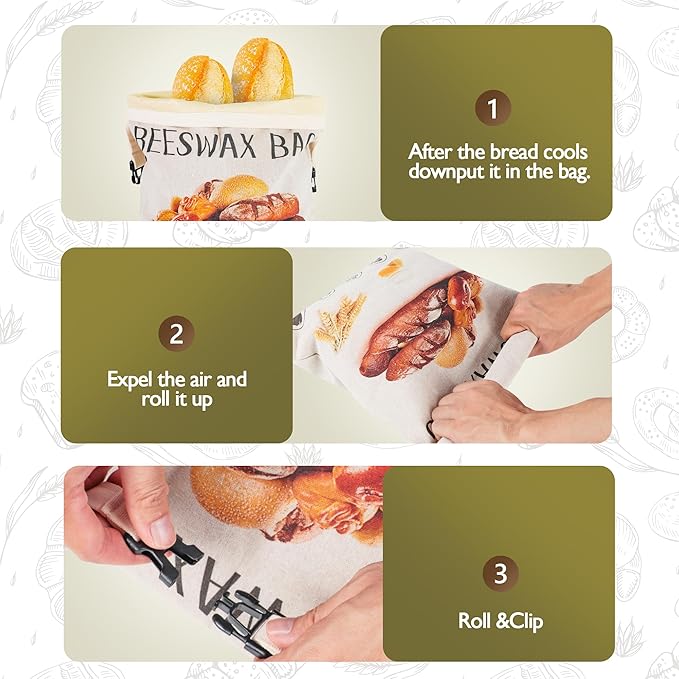 3-Pack Reusable Beeswax Bread Bags for Homemade Bread Sourdough, 2 Natural Beeswax 100% Linen Moisture-proof Lined Storage Bags with Buckle& 1 Bowl Covers –Keeps Bakes Fresh Longer (Bread print color)