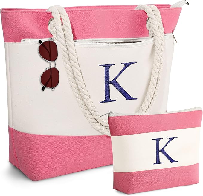YOOLIFE Christmas Gifts for Women - Personalized Initial Canvas Beach Bags for Women Gifts for Mom Teacher Friend Birthday