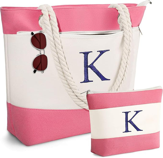 YOOLIFE Christmas Gifts for Women - Personalized Initial Canvas Beach Bags for Women Gifts for Mom Teacher Friend Birthday