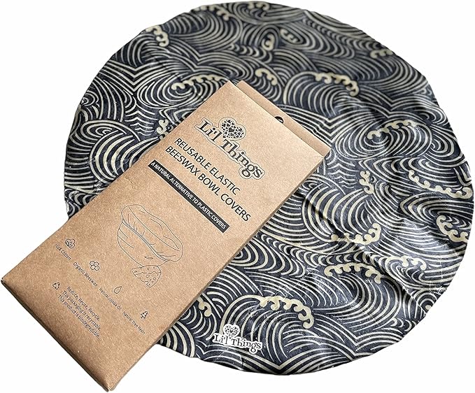 Li’l Things Beeswax Bowl Covers – Reusable Wraps Set of 5 | Organic Cotton, Beeswax & Jojoba | Eco-Friendly, Washable Lids for Bread Proofing, Jars, Pet Food (XS–XL) - Japanese Waves