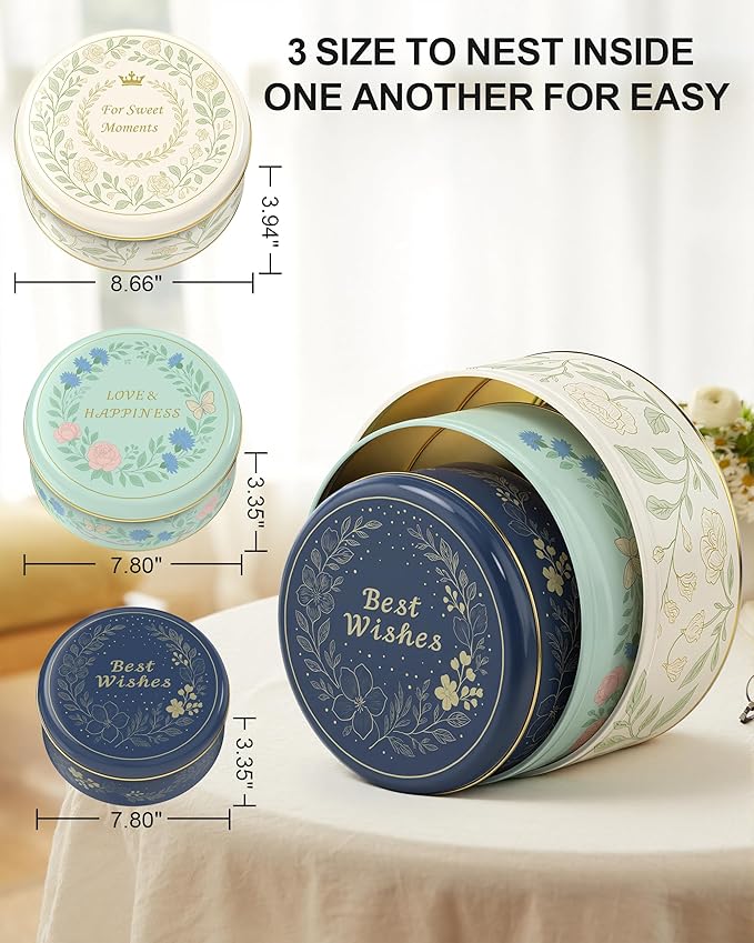 Floral Cookie Tins with Lids – Set of 3 Round Metal Storage Containers, Elegant Reusable Gift Boxes for Cookies, Treats & Keepsakes – Decorative Nesting Tin Set for Home & Kitchen