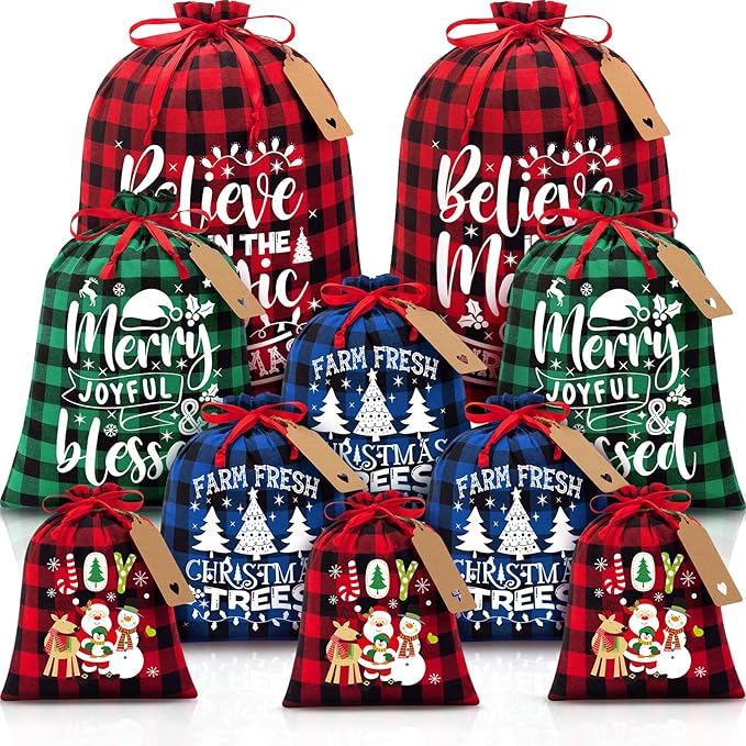 10 PCS Christmas Drawstring Gift Bags with Tags, Buffalo Plaid Xmas Gift Bags Assorted Sizes Bulk, Cotton Fabric Holiday Gift Bag Large Medium Small Wrapping Bag for Xmas Presents Decor Party Favors