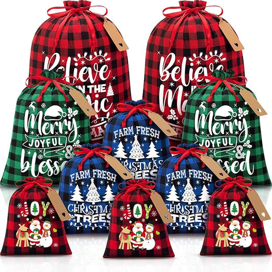 10 PCS Christmas Drawstring Gift Bags with Tags, Buffalo Plaid Xmas Gift Bags Assorted Sizes Bulk, Cotton Fabric Holiday Gift Bag Large Medium Small Wrapping Bag for Xmas Presents Decor Party Favors