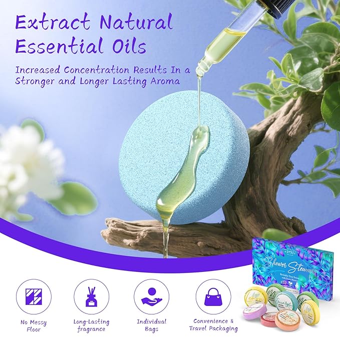 Shower Steamers Aromatherapy 8 Pack - Gifts for Women, Shower Bombs with Essential Oils, Self Care and Stress Relief Stocking Stuffers, Relaxation Birthday Gifts for Women and Men. Blue Petal Style