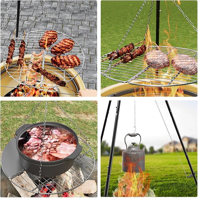 Campfire Tripod for Cooking, Campfire Cooking Equipment, Round Grill Grate with Adjustable Height for BBQ Picnic Outdoor Cookware Party & Collapsible Legs for Easy Storage