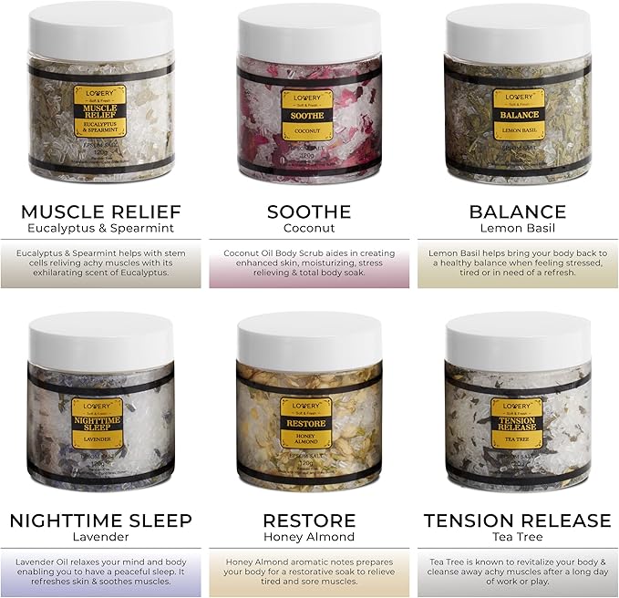 Bath Salts Christmas Gift Set with Lavender, Arabica Coffee, Mango, Sugar, Himalayan & Coconut, 6pc Bath Soaks, Relaxing Spa Salt with Essential Oils, Vitamin E, Jojoba Oil, Shea Butter, Fresh Herbs