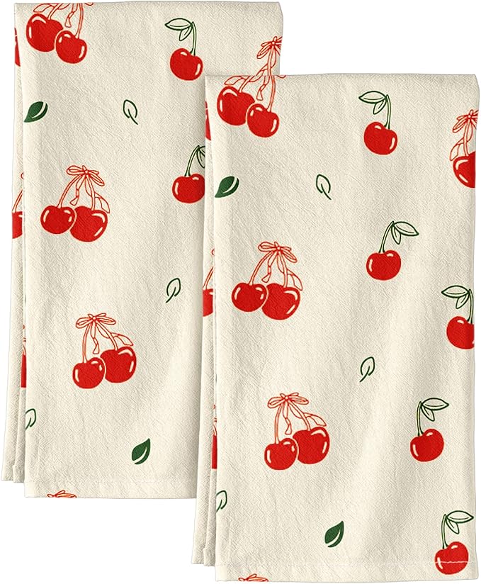 Flour Sack Kitchen Towels Set of 2-18x26 Cotton Dish Towels with Hanging Loop Reusable Tea Towel for Cleaning Spring Absorbent Dishcloths Cute Home Decor Housewarming, Bow Cherry