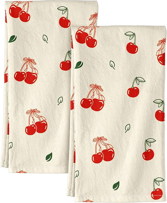 Flour Sack Kitchen Towels Set of 2-18x26 Cotton Dish Towels with Hanging Loop Reusable Tea Towel for Cleaning Spring Absorbent Dishcloths Cute Home Decor Housewarming, Bow Cherry