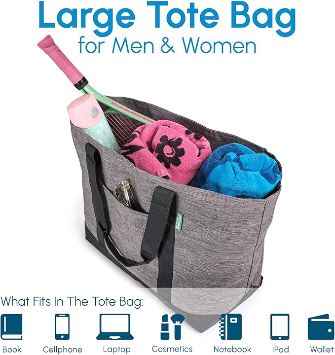 Creative Green Life Extra Large Tote Bag for Women or Men with Zipper – Everyday Tote-Bag for Work, School, gym, Shopping, Teachers, Nurses – Canvas Style Travel Bag, Weekender Overnight Bag (Gray)