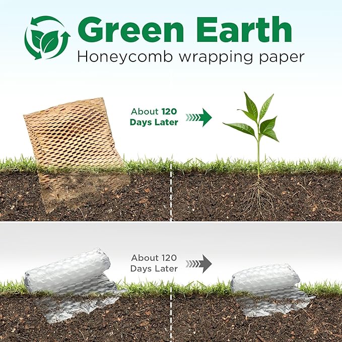 Honeycomb Packing Paper, 12"x50' Brown | Perforated Honeycomb Packing Paper Recyclable Moving Supplies for Shipping & Moving | Plastic-Free Alternative to Bubble Cushion Wrap with 36 Fragile Stickers
