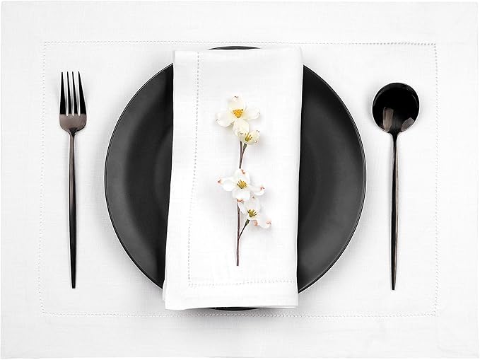D'Moksha Homes White Linen Placemats Set of 4 - Classic Hemstitch Placemats 14 x 19 Inch - 100% Pure Linen Table Mats for Winter, Christmas, Holiday - Handcrafted and Machine Washable