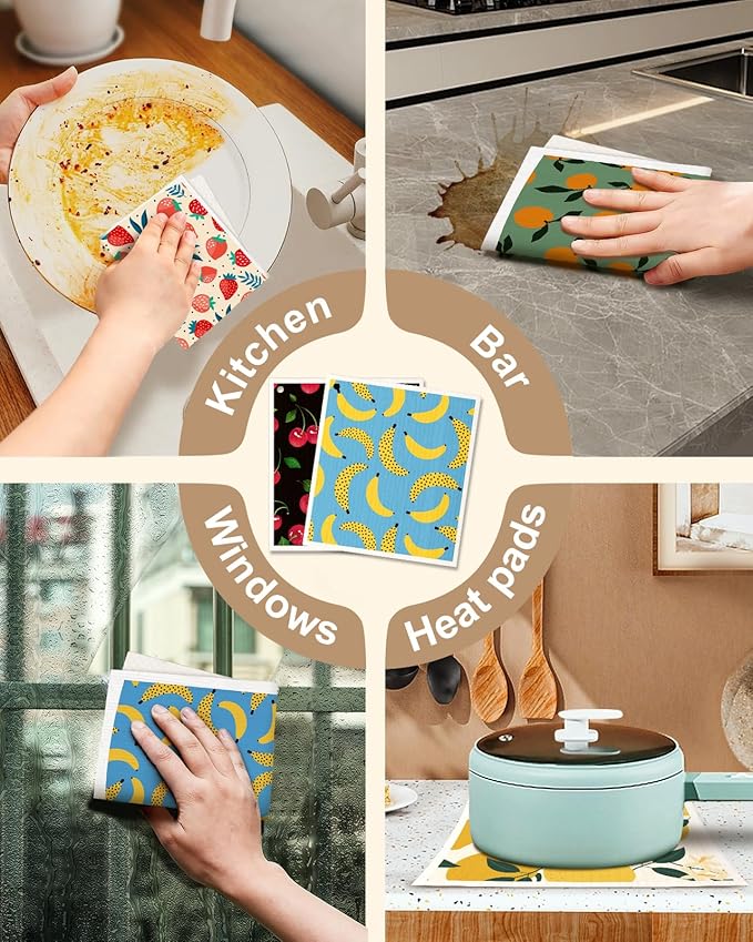 Swedish Dishcloths for Kitchen with Hooks - Reusable Dish Cloths for Washing Dishes Fast Drying Cute Fun 5 Pack Swedish Dish Towels Washable Cleaning Sponge, Fruit