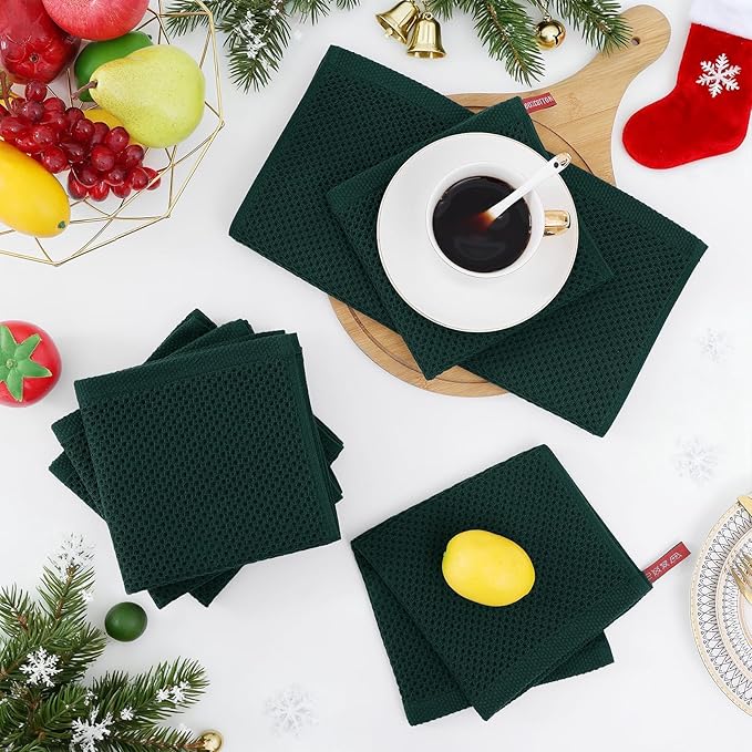 Homaxy 100% Cotton Waffle Weave Kitchen Dish Cloths, Ultra Soft Absorbent Quick Drying Dish Towels, 12 x 12 Inches, 6-Pack, Blackish Green