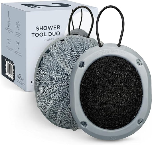 MainBasics Shower Tool Duo 2-1 Shower Loofah Sponge and Exfoliating Body Scrubber (2 Pack, Skyway)