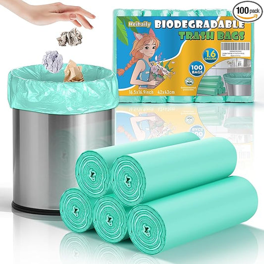 1.6 Gallon Small Trash Bags For Bathroom - Mini Garbage Bags(Fit 1.2-1.6 Gal 5-6L) 100 Count Unscented Biodegradable Compostable Waste Basket Kitchen Office Liners Strong Thick Bulk Heihaily
