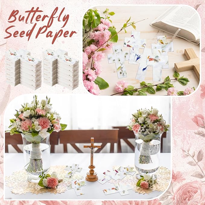 50 Pcs Handmade Seed Paper Plantable Wildflower Seed Paper Recycled Flower Petals Tags Wedding Favors for Guests Craft Gifts Cards for Envelope Birthday Party, 5 Styles (Cross)