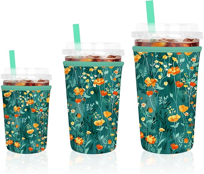 3 Pack Iced Coffee Sleeve, Reusable Insulated Neoprene Cup Sleeve for Cold & Hot Drinks Beverages, Cup Holder for 16-32oz Coffee Cups, Green Flowers