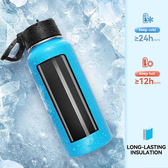 Neihepal 32 oz Insulated Water Bottles Bulk with 2 Lids (Straw & Spout Lid), Stainless Steel Double Wall Water Bottle, Keeps Cold 24H & Hot 12H (Blue,4 Pack)