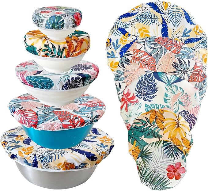 Double Layer Bowl Caps - Reusable Bowl Covers in Pack of 5 - Waterproof, Washable Lids for Leftover Food, Fruits and Snacks, Elastic Storage Wraps for Storage Containers