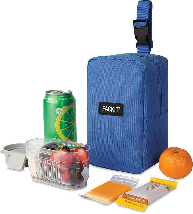 PackIt Freezable Upright Snack Box, Azure Blue, Built with ECOFREEZE Technology, Fully Freezable, Collapsible, Reusable, With Top Buckle Handle and Top Load Design, For Perishable Snacks On the Go