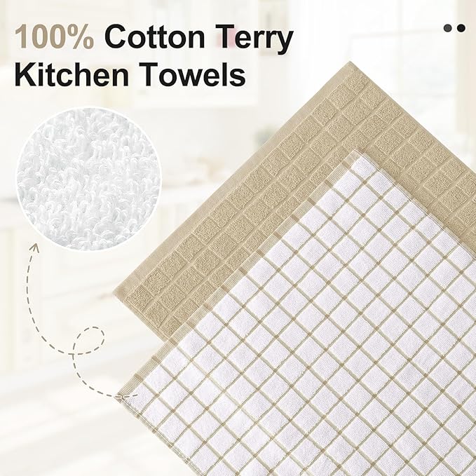 Homaxy Premium Cotton Kitchen Towels 16"x 28", Large Natural Ring Spun 390 GSM Dish Towels, Super Absorbent Terry Kitchen Hand Towels, Soft Tea Towel with Hanging Loop, Tan Check Design, 8 Pack