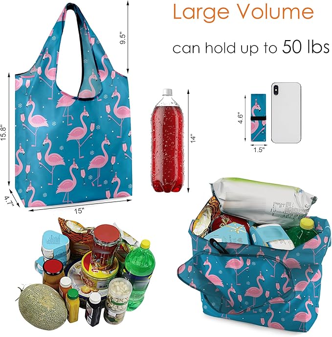 BeeGreen Christmas Animals Reusable Grocery Bags 6 Pack Animal Pattern Reusable Shopping Bags Bulk Christmas Gifts Tote Bags Flamingo Peguin Dog Cat Hedgehog Bear