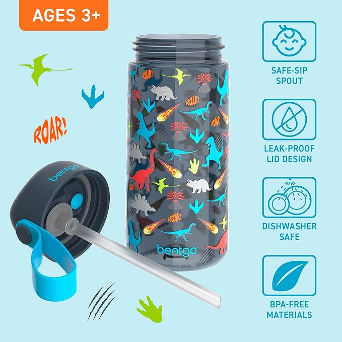 Bentgo Kids Water Bottle - Leak-Proof, Durable Tritan, BPA-Free 15 oz. Cup for Kids/Toddlers Ages 3+, Safe Sip Spout, Carrying Handle, & Dishwasher Safe for School, Sports, Daycare & Camp (Dinosaur)