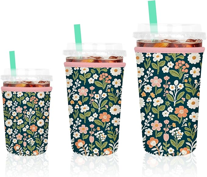 3 Pack Iced Coffee Sleeve, Reusable Insulated Neoprene Cup Sleeve for Cold & Hot Drinks Beverages, Cup Holder for 16-32oz Coffee Cups, Classic Flower