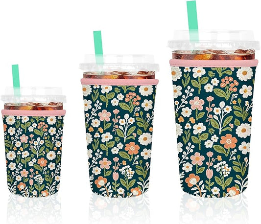 3 Pack Iced Coffee Sleeve, Reusable Insulated Neoprene Cup Sleeve for Cold & Hot Drinks Beverages, Cup Holder for 16-32oz Coffee Cups, Classic Flower