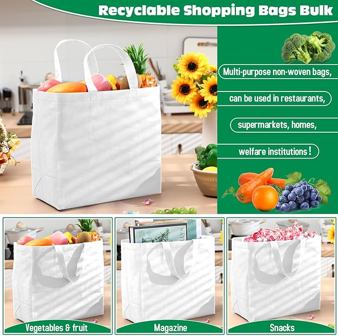 Windyun Reusable Grocery Bags Large Non Woven Shopping Bags with Handles Foldable Portable Tote Bulk, 12.6 x 11.8 x 6.3 Inch