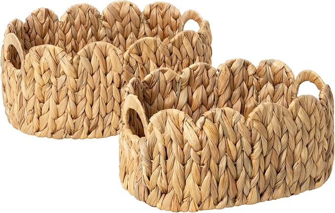 StorageWorks Scalloped Wicker Basket, Hand-woven Rattan Baskets with Built-in Handles, Cute Baby Basket for Nursery, Water Hyacinth Baskets for Organizing and Decor, 2 Pack
