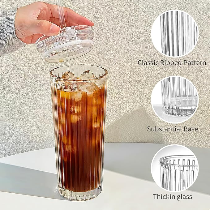 Puraville 18oz Glass Cup with Lid and Straw, Vintage Ribbed Striped Thickened Glassware for Whiskey Cocktail Beer, Mason Jar Drinking Glasses Tumbler Iced Coffee Cup, Clear