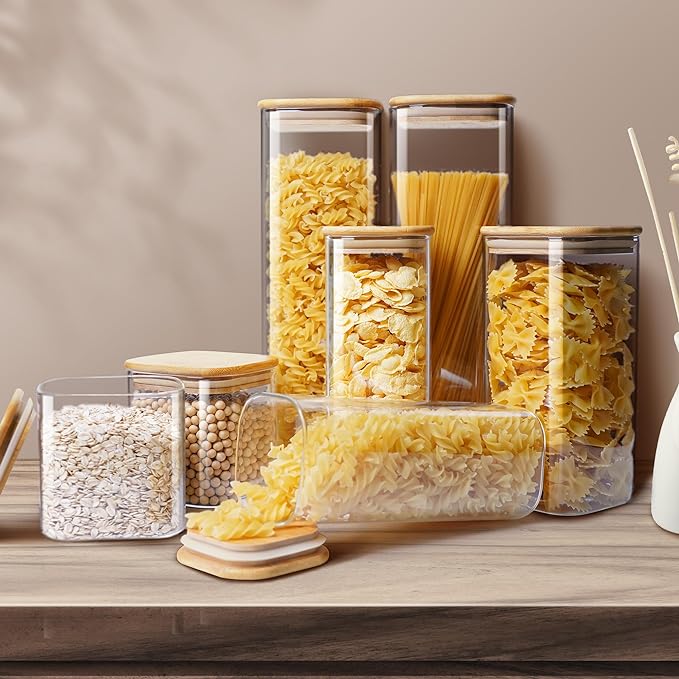 Square Glass Jars with Bamboo Lids 53 FL OZ [Set of 4], Glass Canisters with Airtight Lid, Glass Food Storage Containers for Pasta, Cereal, Coffee, Flour, Sugar, Best for Kitchen & Pantry
