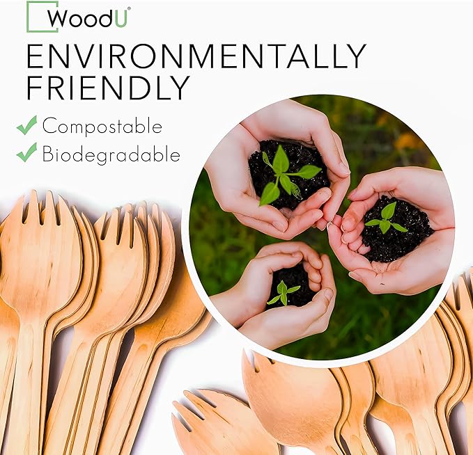 Disposable Wooden Spork by WoodU | 100% All-Natural, Eco-Friendly, Biodegradable, and compostable Spork - Pack of 100-6.5" spork wood cutlery