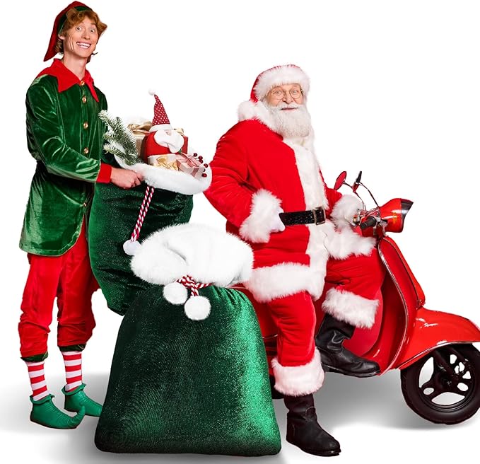 Shappy 2 Pieces Christmas Velvet Santa Bags with Drawstring in 2 Size Large Christmas Bags Santa Gift Sack for Xmas Playing Present Toy(Dark Green)