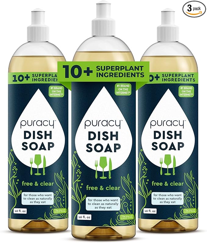 Puracy Natural Dish Soap Packs- Unscented Skin-Softening Plant-Based Dishwashing Soap, Non-Toxic Dish Soap, Fragance Free Organic Liquid Dishwashing Detergent Soap (Unscented, 16 fl oz, 3 Pack)