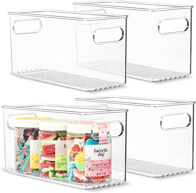 primebox Clear Plastic 4 Pack Storage Container Bin with Integrated Easy Grip Handles. For Kitchen, Fridge, Freezer, Cabinet, Pantry, Bathroom Organization. 10"x4"x5"