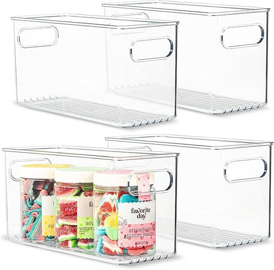 primebox Clear Plastic 4 Pack Storage Container Bin with Integrated Easy Grip Handles. For Kitchen, Fridge, Freezer, Cabinet, Pantry, Bathroom Organization. 10"x4"x5"