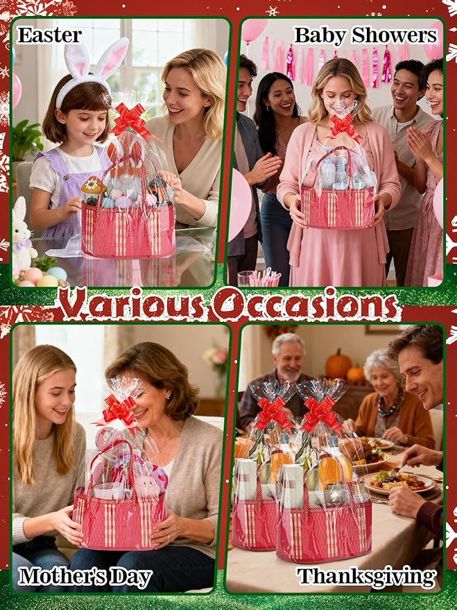 MADHOLLY 4Set Large Bamboo Christmas Baskets for Gifts Empty - 6"x7.5"x11.4" Sturdy Easy to Setup Gift Basket with 4 Clear Bags and Bows, for Thanksgiving, Housewarming Party Gift Wrapping