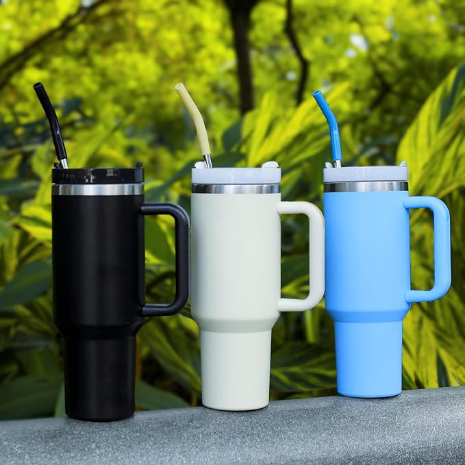 40 oz Stainless Metal Straws for 40 oz Stanley Tumbler, 6Pcs Reusable Straight Long Steel Straws with 12 Silicone Tips and 2 Straw Cleaning Brushes(3Color1, 40oz)