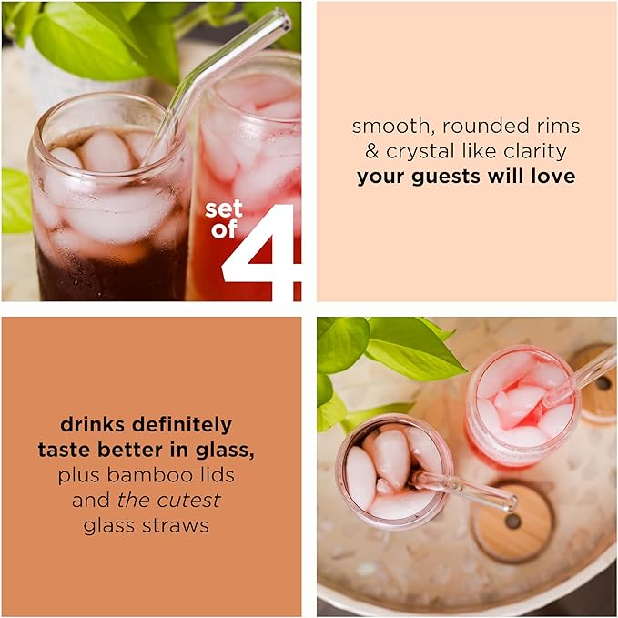 Drinking Glasses 18oz, with Bamboo Lids and Glass Straws, Set of 4, for Mixed Drinks, Cocktails, Beer, Iced Coffee/Tea, Fresh Juice, Smoothies, Parties/Gifts - Includes 2 Straw Cleaners (Clear)