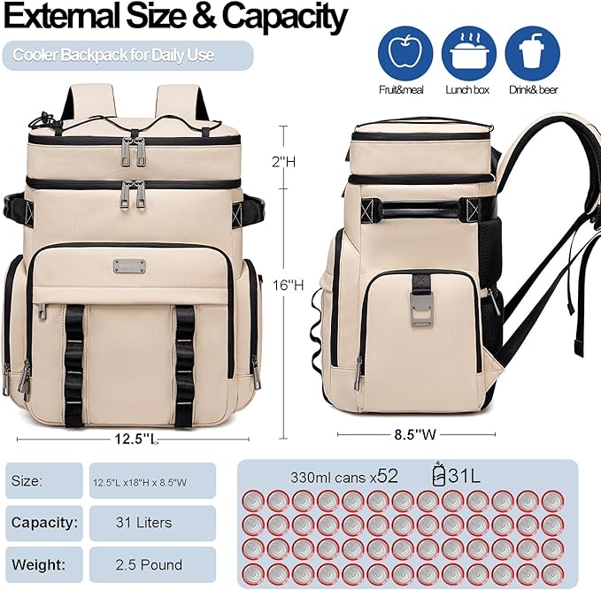 Weitars Insulated Cooler Backpack,Double Deck Waterproof Soft Cooler Bag,Backpack Coolers Leak Proof Lunch Backpack for Men Women for Travel,Camping,Picnic,Beach,Picnic,Outdoor 31L/52 Can