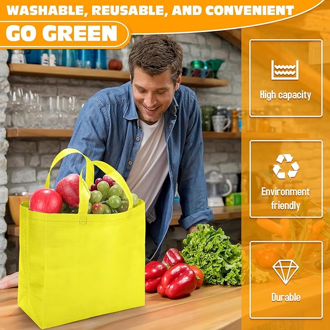 Windyun Reusable Grocery Bags Large Non Woven Shopping Bags with Handles Foldable Portable Tote Bulk, 12.6 x 11.8 x 6.3 Inch