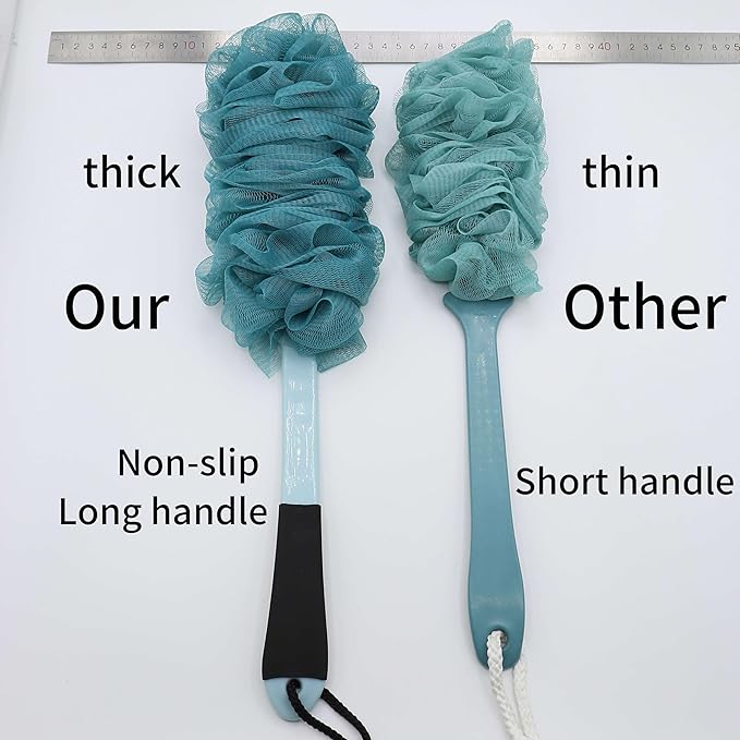 2Pack Back Scrubber for Shower, Loofah with Handle, Back Loofah Non-Slip Handle, Bath Body Brush, Scrub Cleaning Brush for Shower, Soft Mesh Sponge On a Stick for Men Women Elderly (Blue and White)