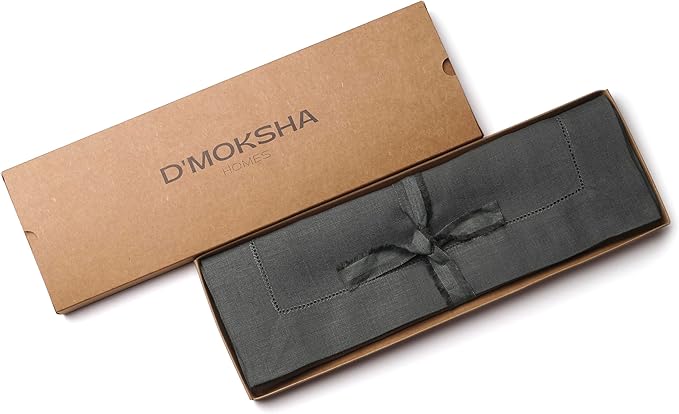 D'Moksha Homes Linen Placemats Set of 8 - Classic Hemstitch Charcoal Grey Placemats 14 x 19 Inch - 100% Pure Linen Table Mats for Christmas, Holiday - Handcrafted and Machine Washable