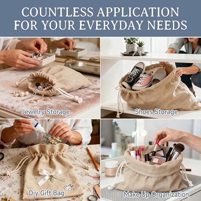 Simple&Opulence 12-Pack 10” x 12” Linen Cotton Drawstring Bags Reusable Grocery Sacks, DIY Craft Sachet Sacks Storage Cloth Bags for Party Wedding Home Bulk Produce Bags, Washable, Natual Linen