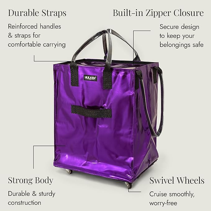 HULKEN - (Large, Ultraviolet) Reusable Grocery Bag On Wheels, Shopping Trolley, Rolling Tote, Zipper Closure, Lightweight, Carries Up to 66 lb, Folds Flat, Unbreakable Handles