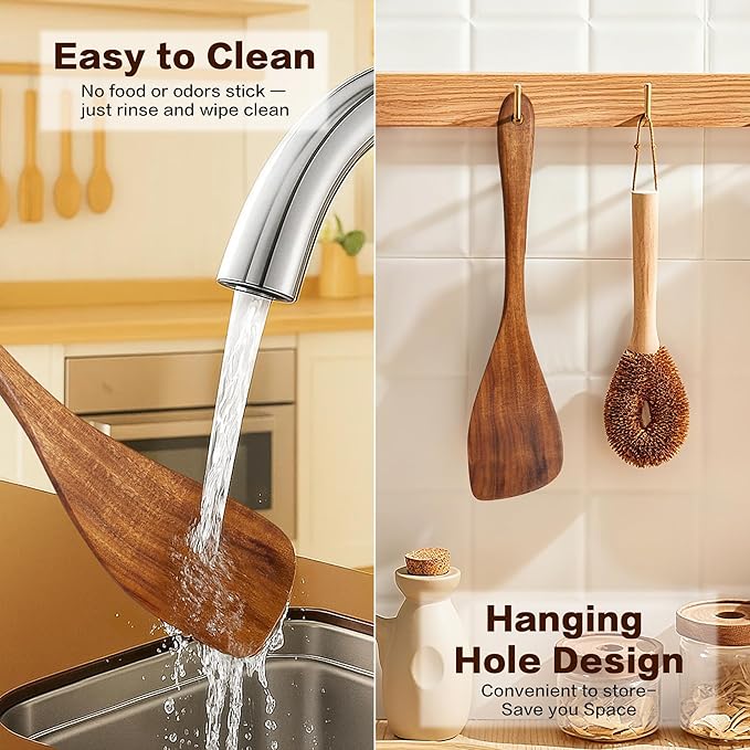 Wooden Spatula Nonstick Turner Acacia Wood, Right Long Handle Flat Frying Spatulas Handmade for Mother Wife Grandma Her Kitchen Gift, Ideal Cookware Utensils for Cooking Eggs, Fish, Pancakes