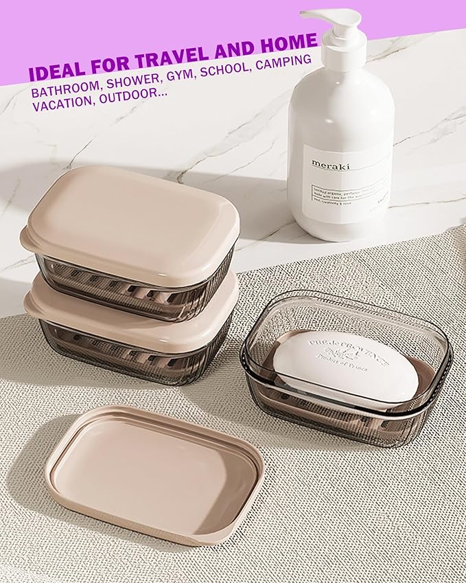 Travel Soap Case with Lid,Leakproof Soap Holder with Drainage Layer, Travel Essentials Soap Containers, Portable Soap Bar Dish for Camping, Gym, Bathroom,Kitchen,Dormitory,Hotel(Clear)