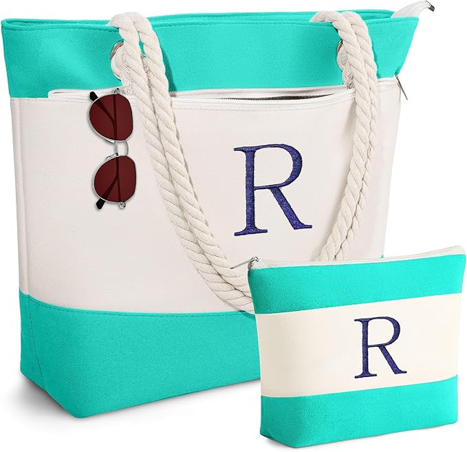 YOOLIFE Christmas Gifts for Women - Personalized Initial Canvas Beach Bags for Women Gifts for Mom Teacher Friend Birthday